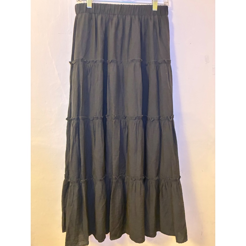 Trendy Queen Black Tiered Maxi Skirt Elastic Waist Boho Ruffle SS240867 Size M